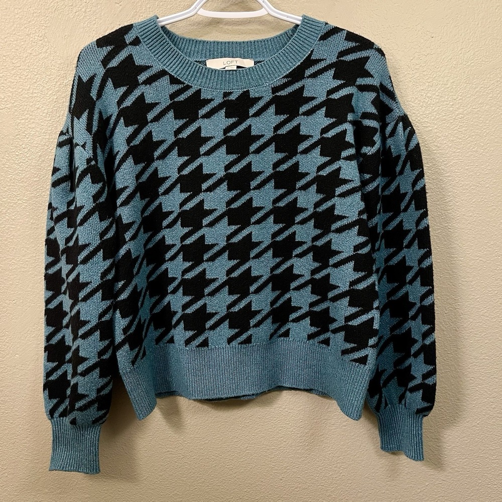 LOFT Cropped Oversized Houndstooth Sweater Teal Black Cozy‎ Warm Homey Size XS
